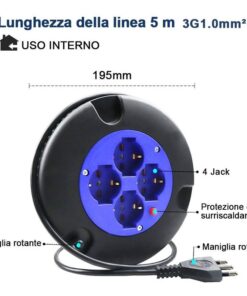 Avvolgicavo Elettrico Prolunga Elettrica 5 Metri 4 Prese Polivalenti Schuko + 10A/16A Spina 16A