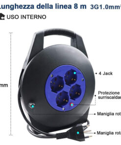 Avvolgicavo Elettrico Prolunga Elettrica 8 Metri 4 Prese Polivalenti Schuko + 10A/16A Spina 16A