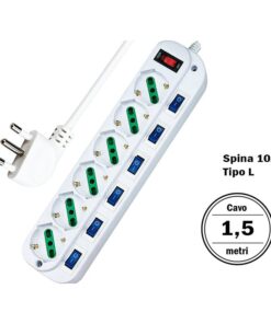 Multipresa Ciabatta Elettrica Con 6 Posti Prese Schuko 10/16A + 7 Interruttori Spina 10A Piccola Tipo L Cavo Da 1,5 Metri