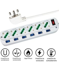Multipresa Ciabatta Elettrica Con 6 Posti Prese Schuko 10/16A + 7 Interruttori Spina 10A Piccola Tipo L Cavo Da 1,5 Metri