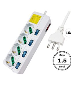 Multipresa Ciabatta Elettrica Con 4 Posti Prese Schuko 10/16A + 5 Interruttori On Off Indipendente Cavo Da 1,5 Metri