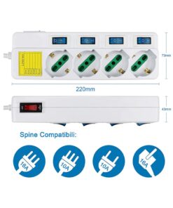 Multipresa Ciabatta Elettrica Con 4 Posti Prese Schuko 10/16A + 5 Interruttori On Off Indipendente Cavo Da 1,5 Metri