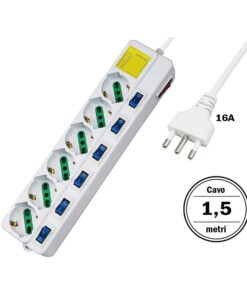 Multipresa Ciabatta Elettrica Con 6 Posti Prese Schuko 10/16A + 7 Interruttori On Off Indipendente Cavo Da 1,5 Metri