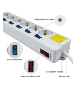 Multipresa Ciabatta Elettrica Con 6 Posti Prese Schuko 10/16A + 7 Interruttori On Off Indipendente Cavo Da 1,5 Metri