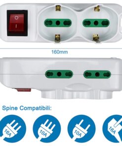 Multipresa Ciabatta Elettrica Cavo 3M Con 6 Posti 2 Prese Schuko 10/16A + 4 Prese Bipasso 2P+T 10/16A Interruttore