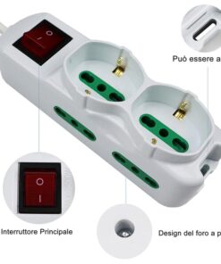 Multipresa Ciabatta Elettrica Cavo 3M Con 6 Posti 2 Prese Schuko 10/16A + 4 Prese Bipasso 2P+T 10/16A Interruttore