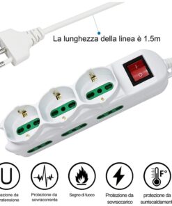 Multipresa Ciabatta Elettrica Cavo 1,5M Con 9 Posti 3 Prese Schuko 10/16A + 6 Prese Bipasso 2P+T 10/16A Interruttore