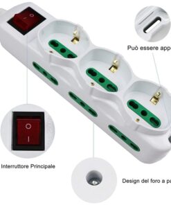 Multipresa Ciabatta Elettrica Cavo 3M Con 9 Posti 3 Prese Schuko 10/16A + 6 Prese Bipasso 2P+T 10/16A Interruttore