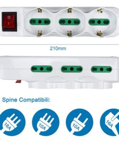 Multipresa Ciabatta Elettrica Cavo 3M Con 9 Posti 3 Prese Schuko 10/16A + 6 Prese Bipasso 2P+T 10/16A Interruttore
