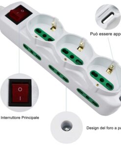 Multipresa Ciabatta Elettrica Cavo 5M Con 9 Posti 3 Prese Schuko 10/16A + 6 Prese Bipasso 2P+T 10/16A Interruttore