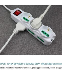 Multipresa Ciabatta Elettrica Cavo 5M Con 9 Posti 3 Prese Schuko 10/16A + 6 Prese Bipasso 2P+T 10/16A Interruttore