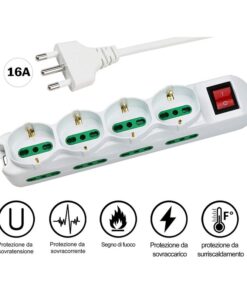 Multipresa Ciabatta Elettrica Cavo 1,5M Con 12 Posti 4 Prese Schuko 10/16A + 8 Prese Bipasso 2P+T 10/16A Interruttore