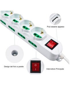 Alternative view of Multipresa Ciabatta Elettrica Cavo 5M Con 12 Posti 4 Prese Schuko 10/16A + 8 Prese Bipasso 2P+T 10/16A Interruttore