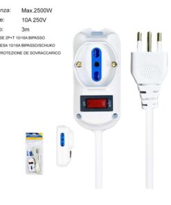 Multipresa Ciabatta Elettrica a 3 Posti 2 Prese 10A/16A + 1 Presa 10A/16A Bipasso Schuko con Interruttore e Spina 10A Cavo 3m Bianco