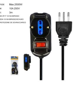 Multipresa Ciabatta Elettrica a 3 Posti 2 Prese 10A/16A + 1 Presa 10A/16A Bipasso Schuko con Interruttore e Spina 10A Cavo 3m Nero