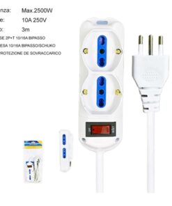 Multipresa Ciabatta Elettrica a 6 Posti 4 Prese 10A/16A + 2 Presa 10A/16A Bipasso Schuko con Interruttore e Spina 10A Cavo 3m Bianco