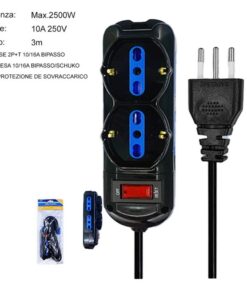 Multipresa Ciabatta Elettrica a 6 Posti 4 Prese 10A/16A + 2 Presa 10A/16A Bipasso Schuko con Interruttore e Spina 10A Cavo 3m Nero
