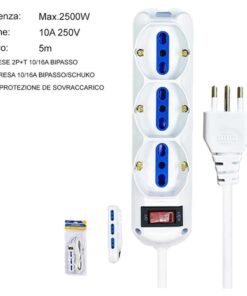 Multipresa Ciabatta Elettrica a 9 Posti 6 Prese 10A/16A + 3 Presa 10A/16A Bipasso Schuko con Interruttore e Spina 10A Cavo 5m Bianco