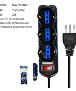Multipresa Ciabatta Elettrica a 9 Posti 6 Prese 10A/16A + 3 Presa 10A/16A Bipasso Schuko con Interruttore e Spina 10A Cavo 3m Nero