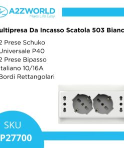 Multipresa Da Incasso Scatola 503 Bianco Lucido, 2 Prese Schuko Universale P40 + 2 Prese Bipasso Italiano 10/16A, 140X80X23mm