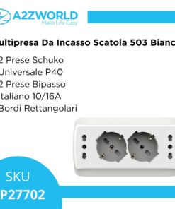 Multipresa Da Incasso Scatola 503 Bianco Opaco, 2 Prese Schuko Universale P40 + 2 Prese Bipasso Italiano 10/16A, 140X80X23mm