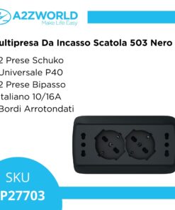 Multipresa Da Incasso Scatola 503 Nero Opaco, 2 Prese Schuko Universale P40 + 2 Prese Bipasso Italiano 10/16A, 140X80X23mm