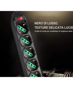 Multipresa Ciabatta Elettrica Con 5 Posti Prese Schuko 10/16A Colore Nero Interruttore Spina 10A Laterale Cavo 1,5M Nero