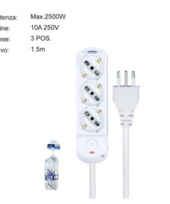 Multipresa Ciabatta Elettrica a 3 Posti 3 Prese Bipasso Schuko 10A/16A con Interruttore e Spina 10A Cavo 1.5 metri Bianco