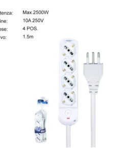 Multipresa Ciabatta Elettrica a 4 Posti 4 Prese Bipasso Schuko 10A/16A con Interruttore e Spina 10A Cavo 1.5 metri Bianco