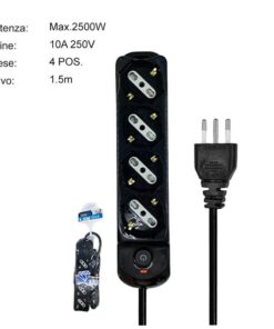 Multipresa Ciabatta Elettrica a 4 Posti 4 Prese Bipasso Schuko 10A/16A con Interruttore e Spina 10A Cavo 1.5 metri Nero