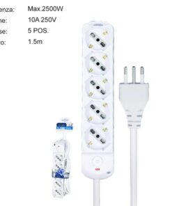 Multipresa Ciabatta Elettrica a 5 Posti 5 Prese Bipasso Schuko 10A/16A con Interruttore e Spina 10A Cavo 1.5 metri Bianco