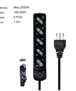 Multipresa Ciabatta Elettrica a 5 Posti 5 Prese Bipasso Schuko 10A/16A con Interruttore e Spina 10A Cavo 1.5 metri Nero