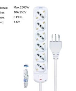 Multipresa Ciabatta Elettrica a 6 Posti 6 Prese Bipasso Schuko 10A/16A con Interruttore e Spina 10A Cavo 1.5 metri Bianco