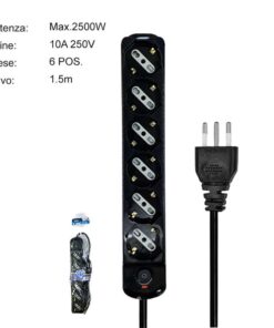 Multipresa Ciabatta Elettrica a 6 Posti 6 Prese Bipasso Schuko 10A/16A con Interruttore e Spina 10A Cavo 1.5 metri Nero