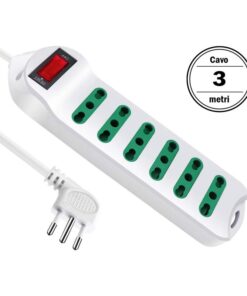 Multipresa Ciabatta Elettrica Cavo 3M Con 6 Posti Prese Bipasso 10/16A 2P+T Interruttore Spina 10A Laterale