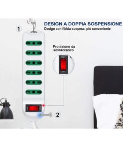 Alternative view of Multipresa Ciabatta Elettrica Cavo 5M Con 6 Posti Prese Bipasso 10/16A 2P+T Interruttore Spina 10A Laterale