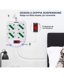 Multipresa Ciabatta Elettrica Con 4 Prese Schuko 10/16A Interruttore Spina 10A Laterale Cavo 1,5M Bianco