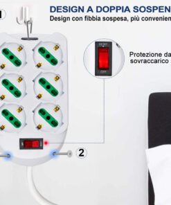Multipresa Ciabatta Elettrica Con 6 Prese Schuko 10/16A Interruttore Spina 10A Laterale Cavo 1,5M Bianco