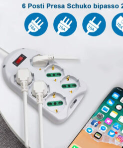 Multipresa Ciabatta Elettrica Con 6 Prese Schuko 10/16A Interruttore Spina 10A Laterale Cavo 1,5M Bianco