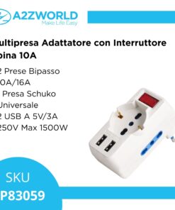 Adattatore con Interruttore Spina 10A con 2 Prese Bipasso 10A/16A 1 Presa Universale e 2 USB A 5V/3A 250V Max 1500W