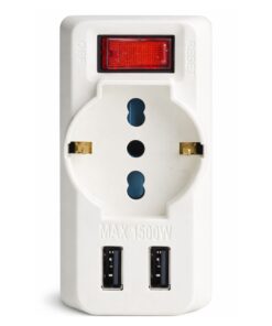 Adattatore con Interruttore Spina 10A con 2 Prese Bipasso 10A/16A 1 Presa Universale e 2 USB A 5V/3A 250V Max 1500W
