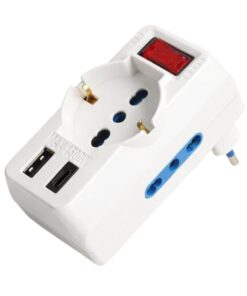 Adattatore con Interruttore Spina 10A con 2 Prese Bipasso 10A/16A e 1 Schuko 1 USB A e 1 USB C 5V/3A 250V Max 1500W Bianco