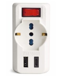 Adattatore con Interruttore Spina 10A con 2 Prese Bipasso 10A/16A e 1 Schuko 1 USB A e 1 USB C 5V/3A 250V Max 1500W Bianco