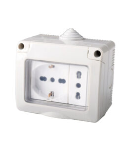 Kit Contenitore Cassetta Elettrica Esterna 1 Presa Schuko Universale +1 Presa Bipasso Con Coperchio Stagno IP55, Montaggio Da Parete Esterno,Omologato IMQ