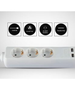 Multipresa Ciabatta Elettrica Con 2 USB e 3 Posti Schuko 10A Cavo Lungo 1,5 Metri Colore Bianco 3X1.5 mmq SKU-8774