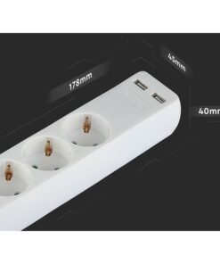 Multipresa Ciabatta Elettrica Con 2 USB e 3 Posti Schuko 10A Cavo Lungo 1,5 Metri Colore Bianco 3X1.5 mmq SKU-8774