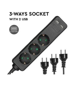Multipresa Ciabatta Elettrica Con 2 USB e 3 Posti Schuko 10A Cavo Lunga 1,5 Metri Colore Nero 3X1.5 mmq SKU-8776