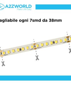 24V Striscia Led SMD Da 10 Metri, 16W/M 135lm/W 182SMD/M, Bianco Caldo 3000K, Larga 8mm, Dimmerabile PWM, Tagliabile ogni 7smd Da 38mm, IP20, CRI>80