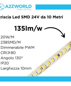 24V Striscia Led SMD Da 10 Metri, 20W/M 135lm/W 238SMD/M, Bianco Neutro 4000K, Larga 10mm, Dimmerabile PWM, Tagliabile ogni 7 smd da 29mm, IP20, CRI>80