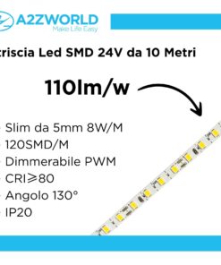 24V Striscia Led SMD Da 10 Metri, Slim da 5mm 8W/M, 110lm/W 120SMD/M, Bianco Neutro 4000K, Tagliabile Ogni Singolo Led da 8mm, Dimmerabile PWM, IP20, CRI>80